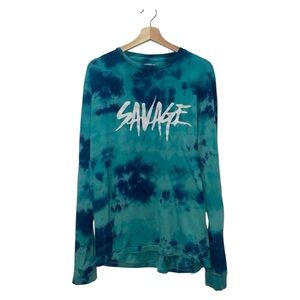 100% Cotton Teal & Blue Tie-Dye Oversized Medium Long Sleeve Shirt, SAVAGE